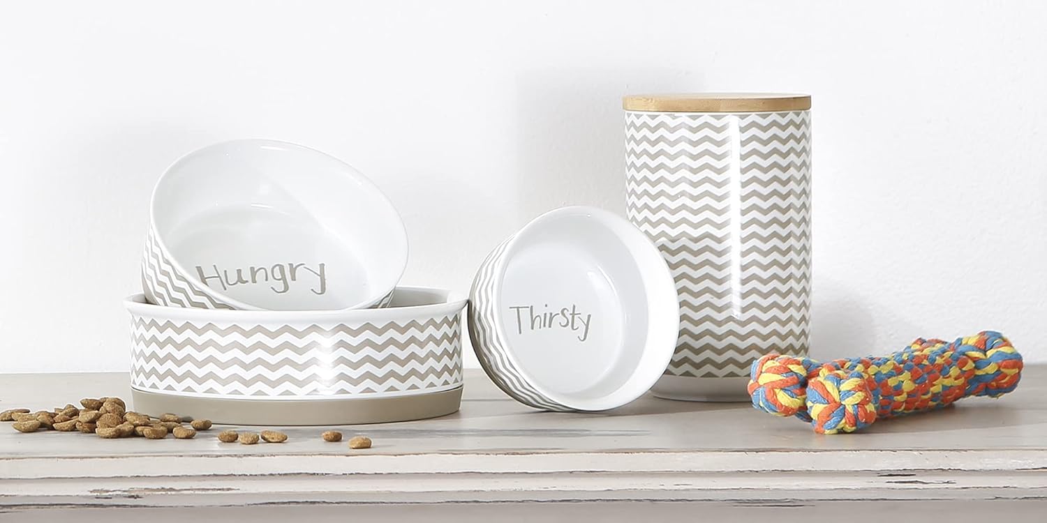 Stone Chevron Ceramic Pet Treat Canister with Bamboo Lid