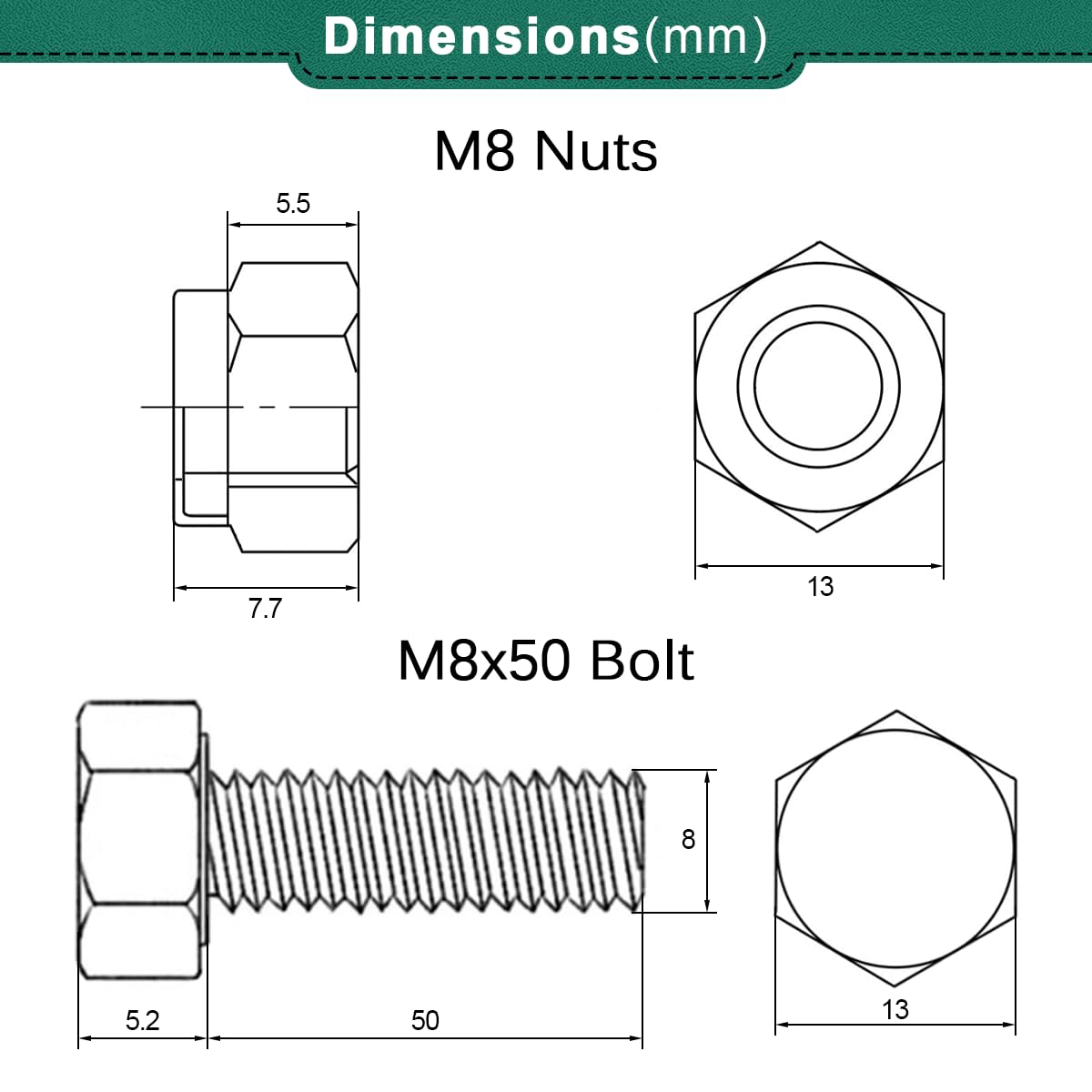 Drenky M8 x 50mm Black Bolts and Nuts Set - Image 2
