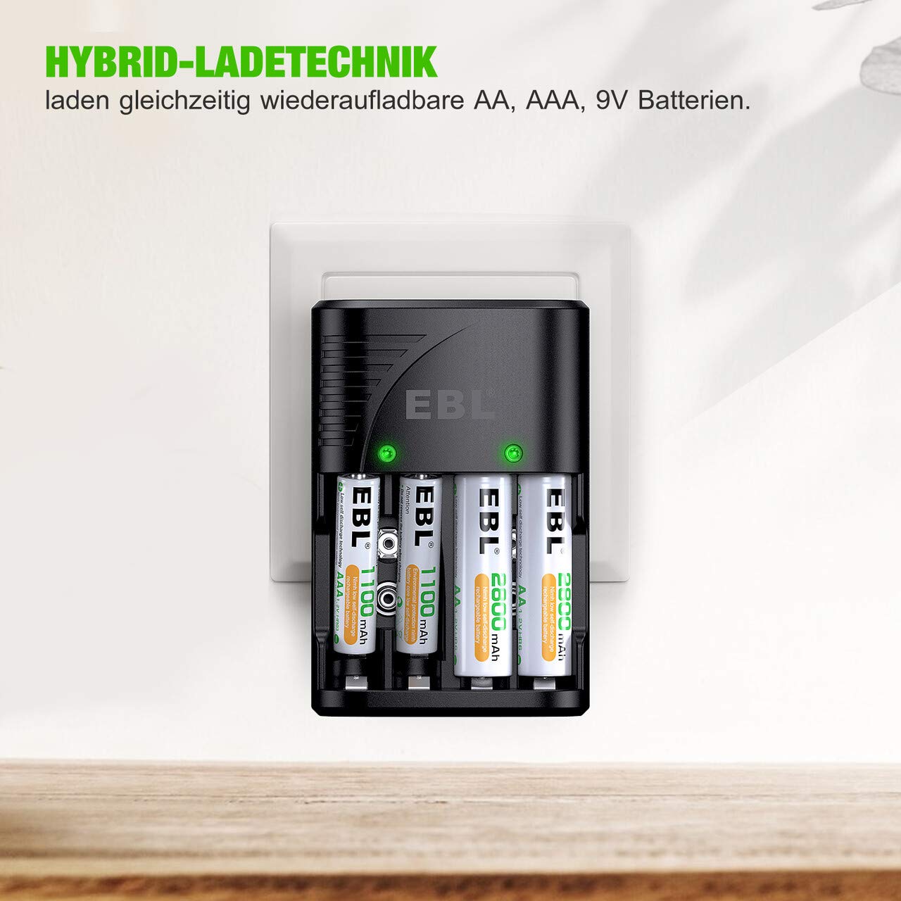 EBL Plug Caricabatterie Universale per AA e AAA 9V Ni-MH Batterie Ricaricabili, Carica Rapida, Indicatori LED Intelligenti