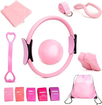 IwIeIaIrI Pilates Ring 13 Set, Pilates Kit for Home Workout,Pilates Equipment with 14.9 Pilates Circle and Ball,5 Strength Bands, Resistance Bands,Grip Socks Accessories for Starter Home Workouts