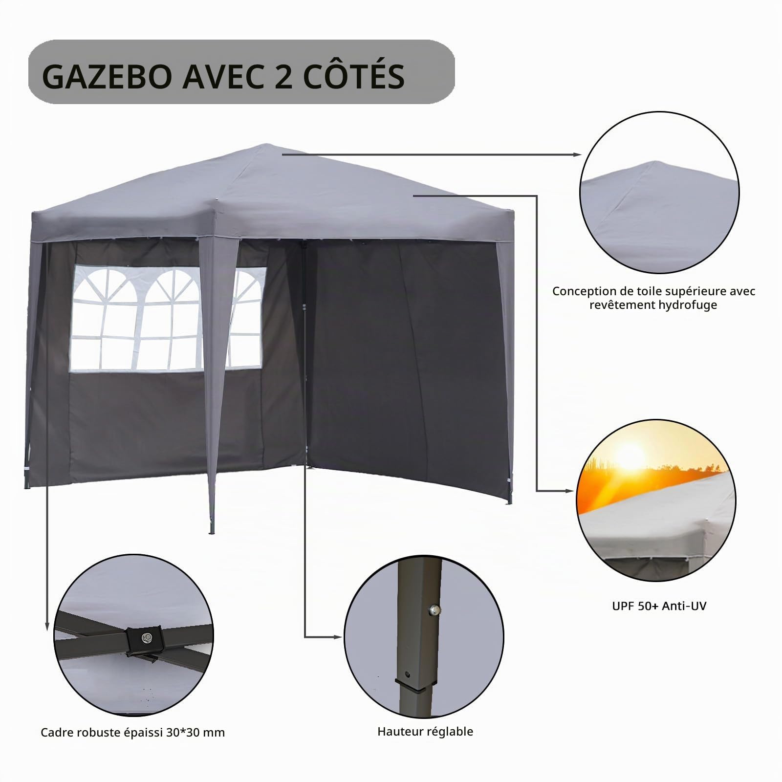Angel Living 2.5x2.5 m Tente Pliante avec 2 Côtés, Résistant à l'eau et Aux UV, Tonnelle Pavillon avec Un Sac de Transport, Tente Pliante pour Jardin Patio à l'Air Libre (Gris)
