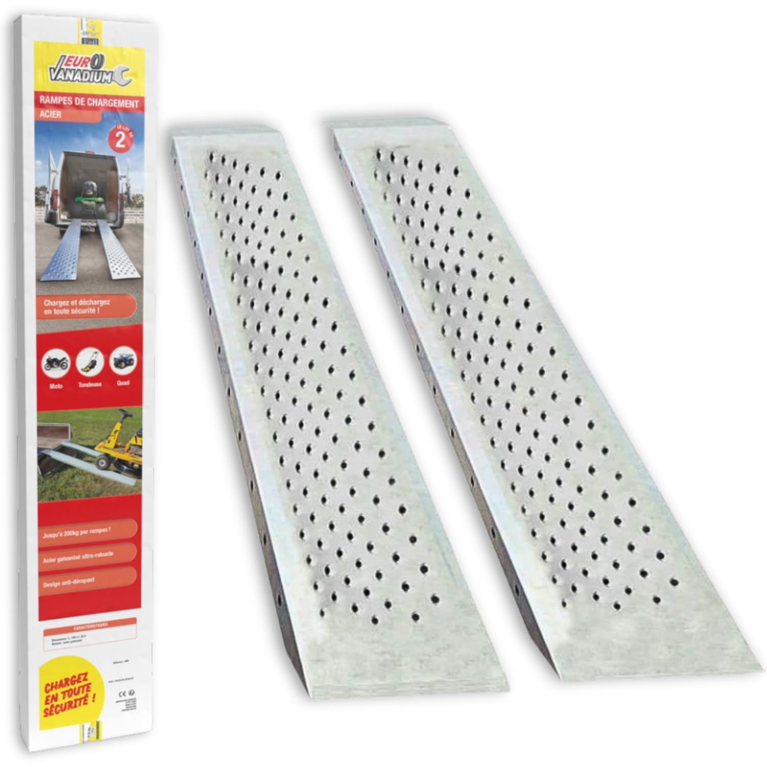Lote de 2 Rampas de Carga de Acero 1,60 m - Rampas Antideslizantes Galvanizadas 400 kg para Moto, Tractor Cortacésped, Remolque o Plataforma de Transporte