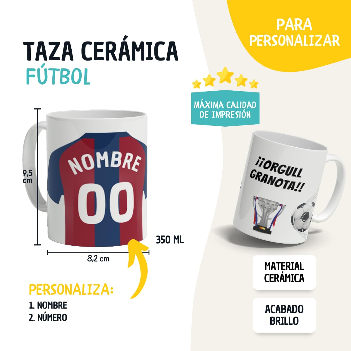 DEREGALOOS. Taza Personalizada Estilo Fútbol. Taza con Nombre y Número. Regalo Original para Aficionados.Fútbol Niños y Adultos. Pulsera de regalo. Diseño Inspirado en la 2ª División Levante
