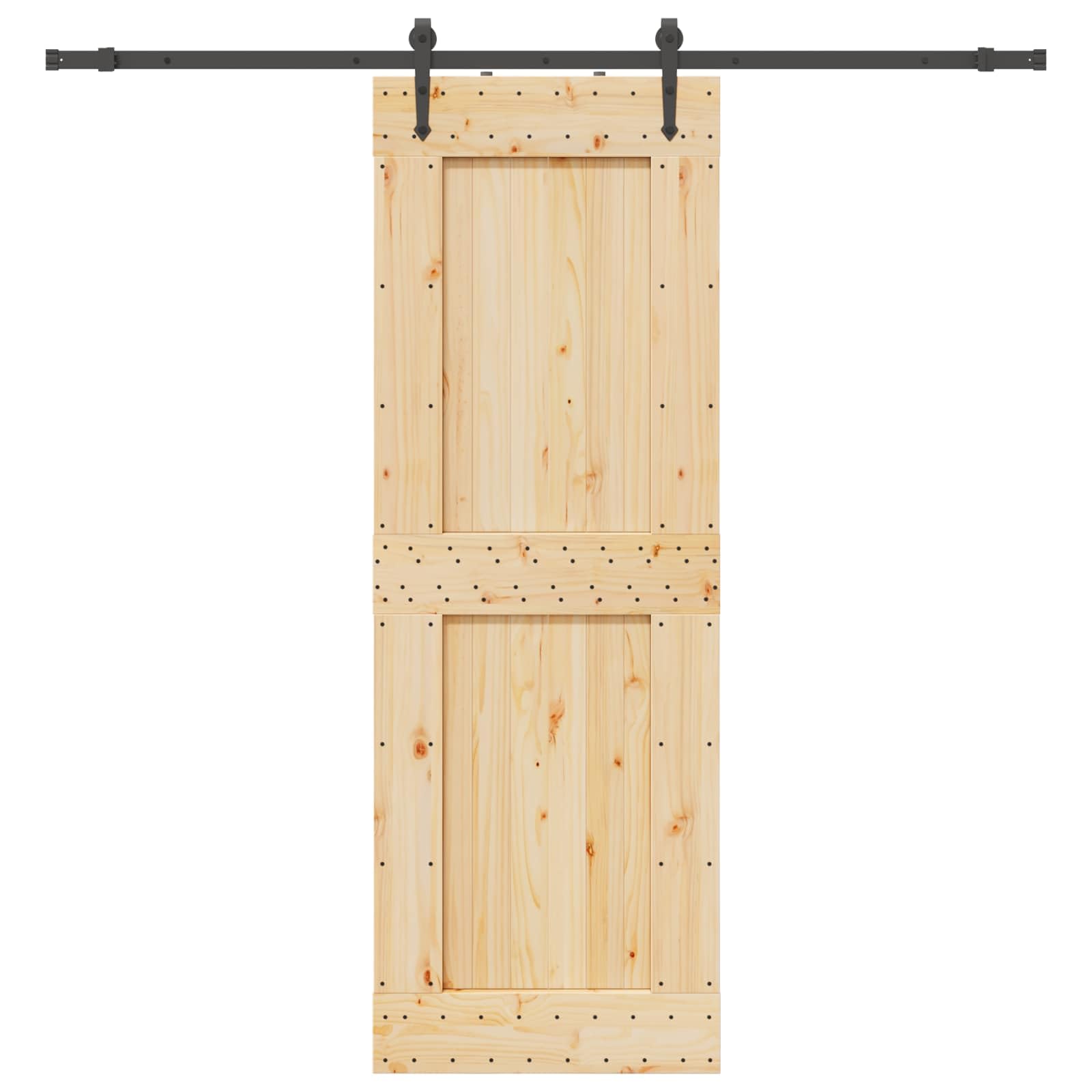 Puerta corredera Narvik de madera de pino maciza natural y negro, 80 x 210 cm, con riel de acero pulverizado de 213,5 cm, ahorra espacio interior y optimización del espacio