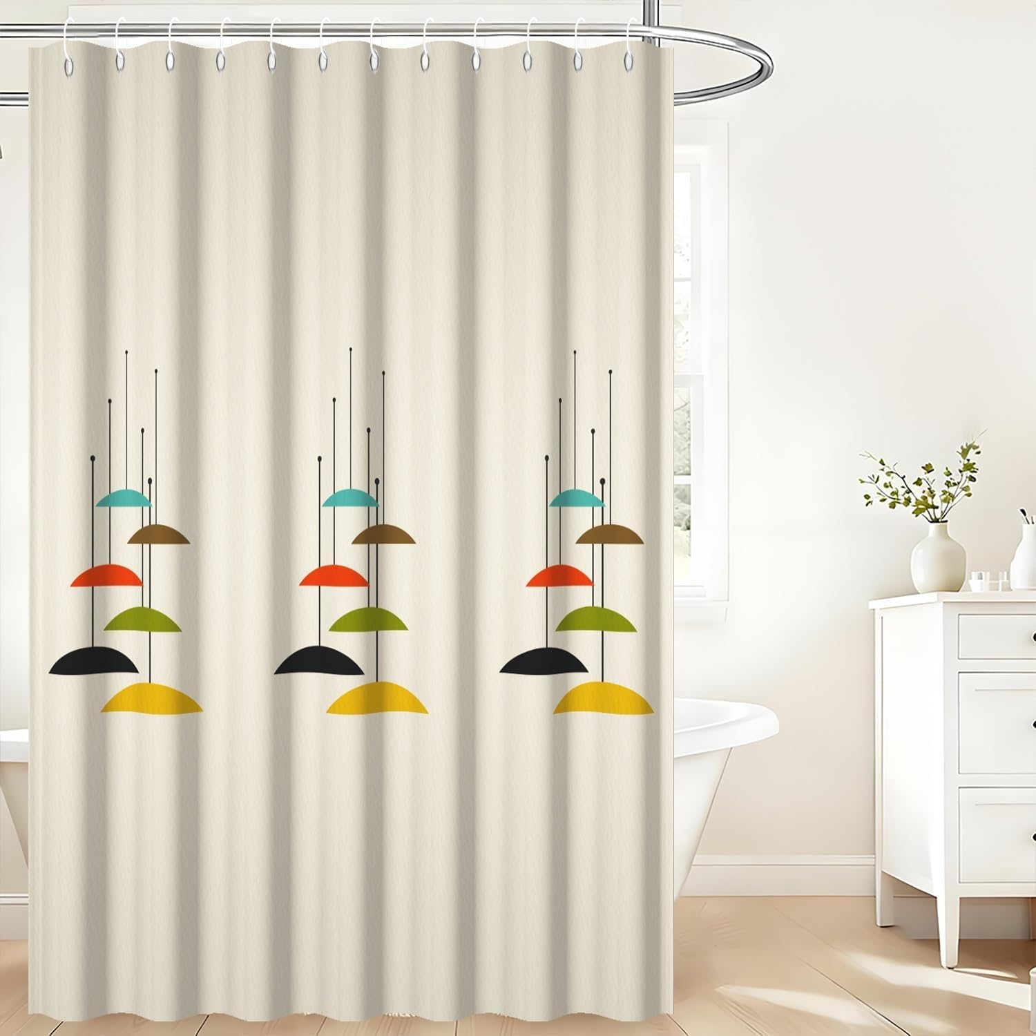 Beige Mid Century Shower Curtain Abstract Art Geometric Pattern Modern Minimalist Shower Curtain for Bathroom Home Decor Waterproof Fabric Retro Bathtub Curtains Set with Hooks,72x84inch