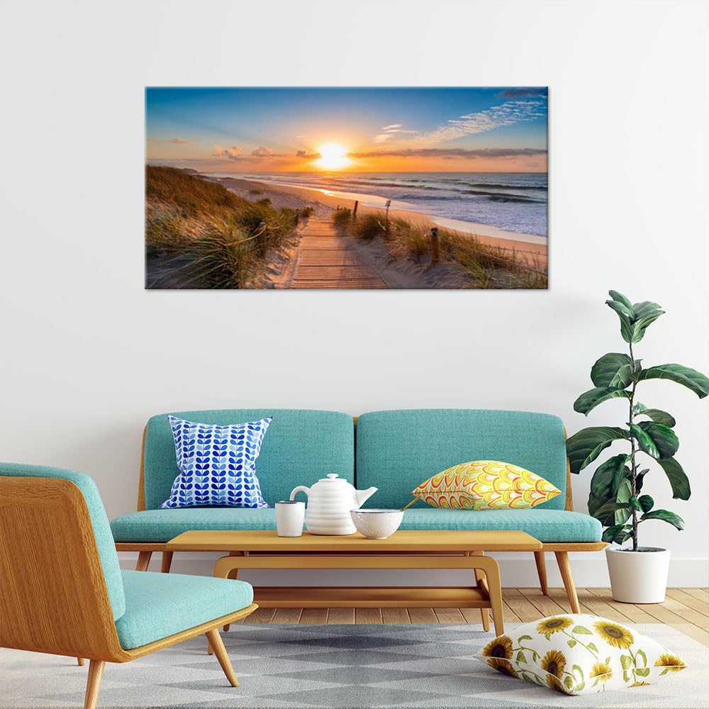 Feeby Leinwand Bilder - Bild Wohnzimmer - Sonnenuntergang am Strand - 120x60 1tlg - Deko Schlafzimmer Groß - Dekoration Canvas - Gemälde - Modern Wandbilder - Kunstdruck