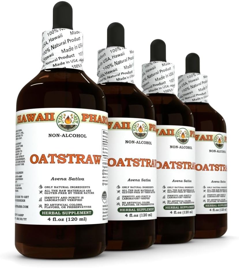 Hawaii Pharm Oat Straw Alcohol-Free Liquid Extract, Professional Grade, Small Batch Crafted Oats Straw (Avena Sativa) Dried Tops Glycerite Natural Herbal Supplement, 2x4 fl.oz