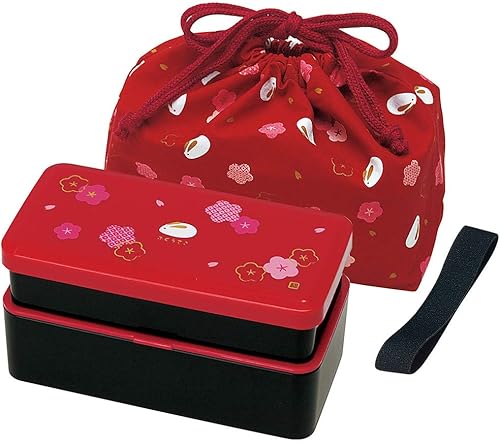 Set de tuppers motivo tradicional japonés floreado con 2pisos y cuadrados divisorios Rojo