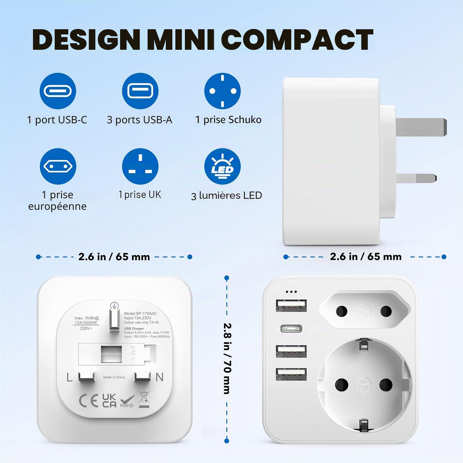 6 en 1 Prise Anglaise avec 3 Ports USB et 1 Type C (3,4A) et 2 Prises,Adaptateur Type G France vers UK pour Angleterre,Irlande, Écosse,Dubai