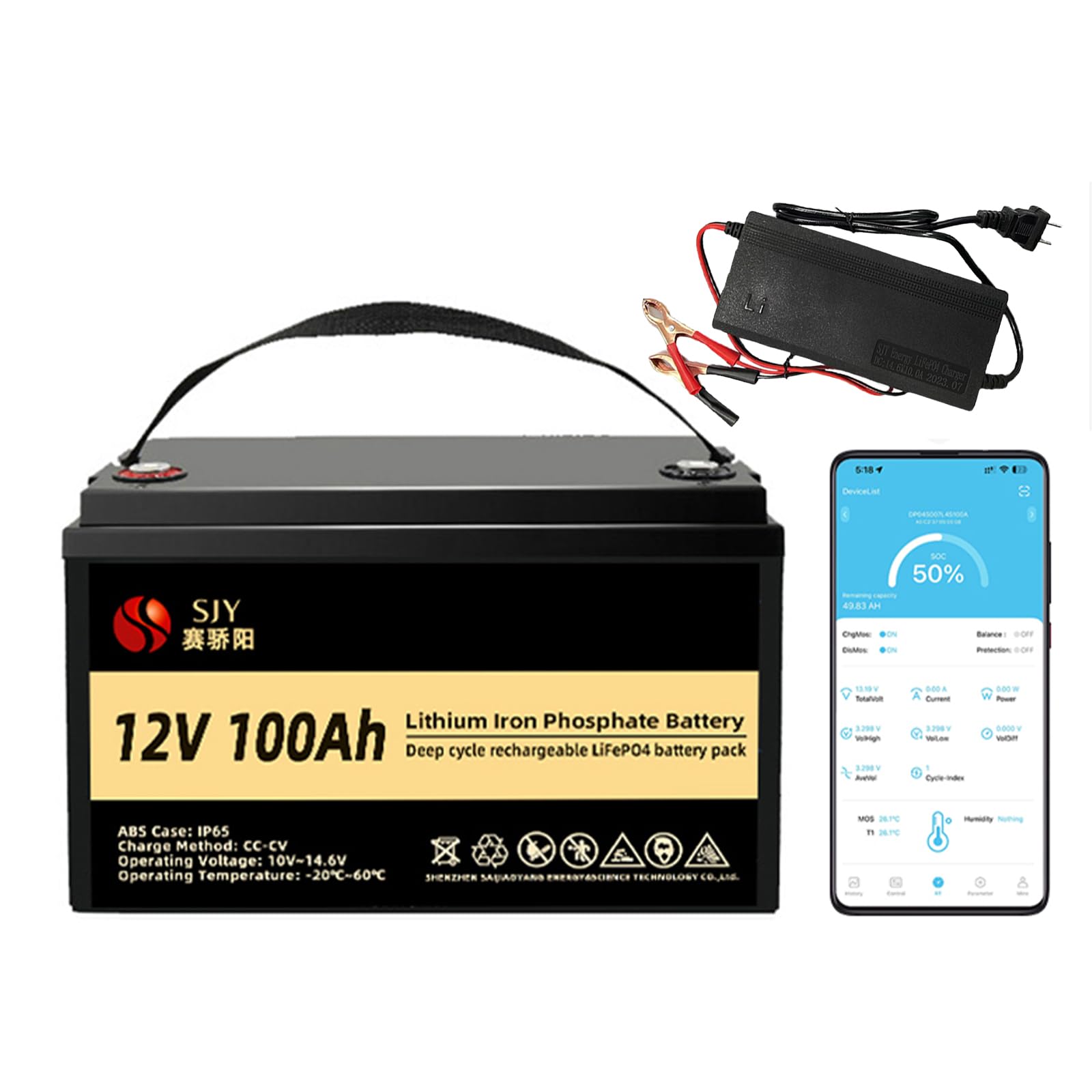 12V 100Ah LifePO4 Zawiera Bluetooth i ładowarkę 10A, Akumulator Litowy z 100A BMS Głęboki Cykl Klasa A Bateria LiFePO4 z LCD Idealny do Off-Grid, RV, Systemu Solarnego, Łódźi, Kampera
