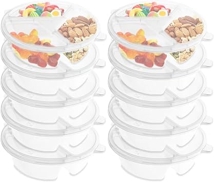 Three Compartment Snack Box With Lid,Snack Trays,Dip Container to Go,Reusable Snack Container,Disposable Box to Grab and Go with Prep For Adults.10Pcs