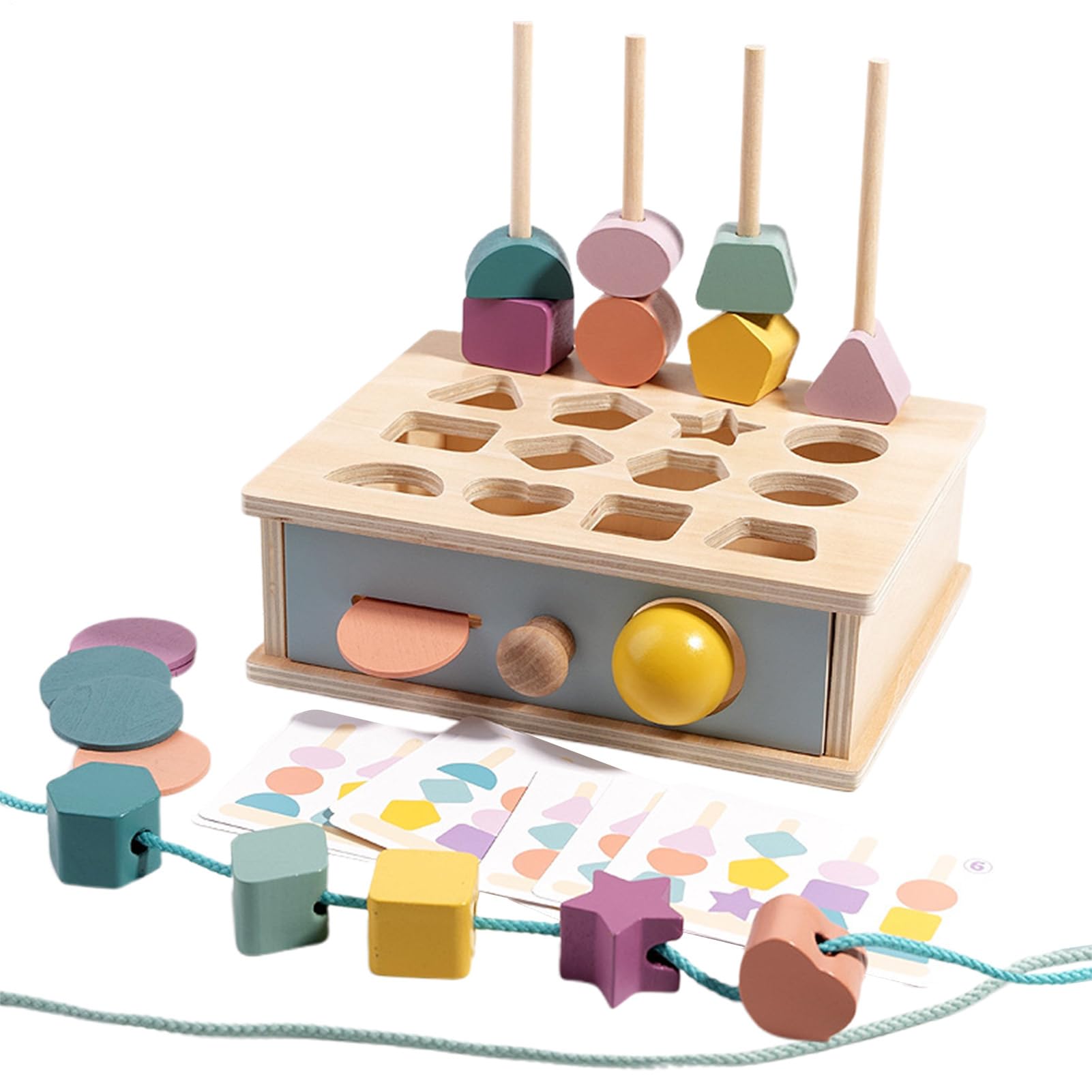 Generisch Shape Sorter Toy, Wood Fine Motor Skills, Easy Grip Lacing Beads Sequencing Game Educational Toy Problem Solving Cognitive Skills Hand Eye, Block Matching Lacing Beads for Boys, Girls