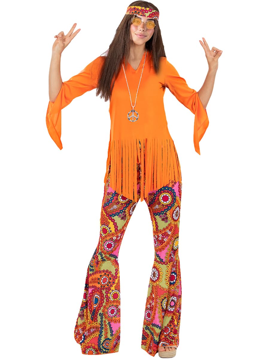Funidelia | Disfraz de Hippie feliz con accesorios para mujer Años 60, Hippie, Flower power, Décadas - Disfraz para adultos y divertidos accesorios para Fiestas, Carnaval y Halloween - Talla M
