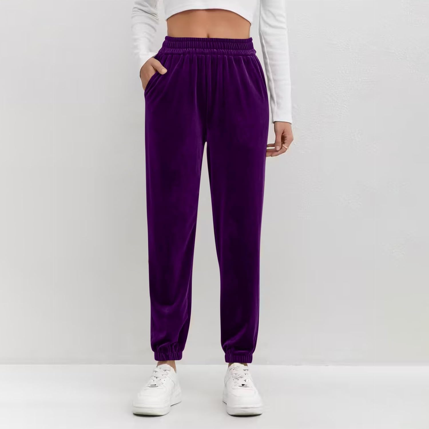Velvet Pants for Women with Pockets Soft Dressy Casual Elastic High Waist Velour Lounge Sweatpants Formal Slacks