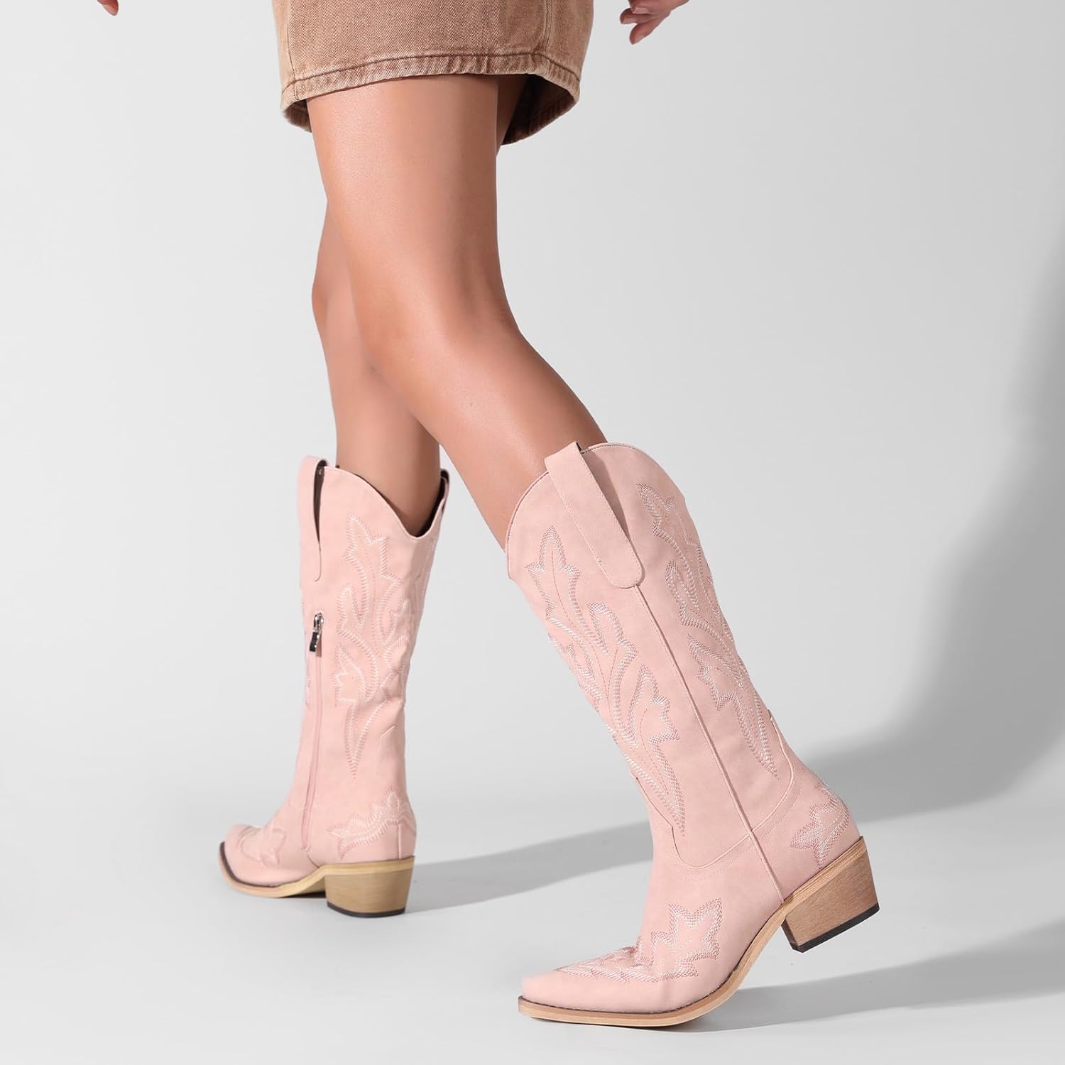 Cowboy Boots for Women Light-Pink Western Cowgirl Boot Pink Comfortable Chunky Heel Wide Calf and Pointed Toe Tall Boot Cute Concert Outfit