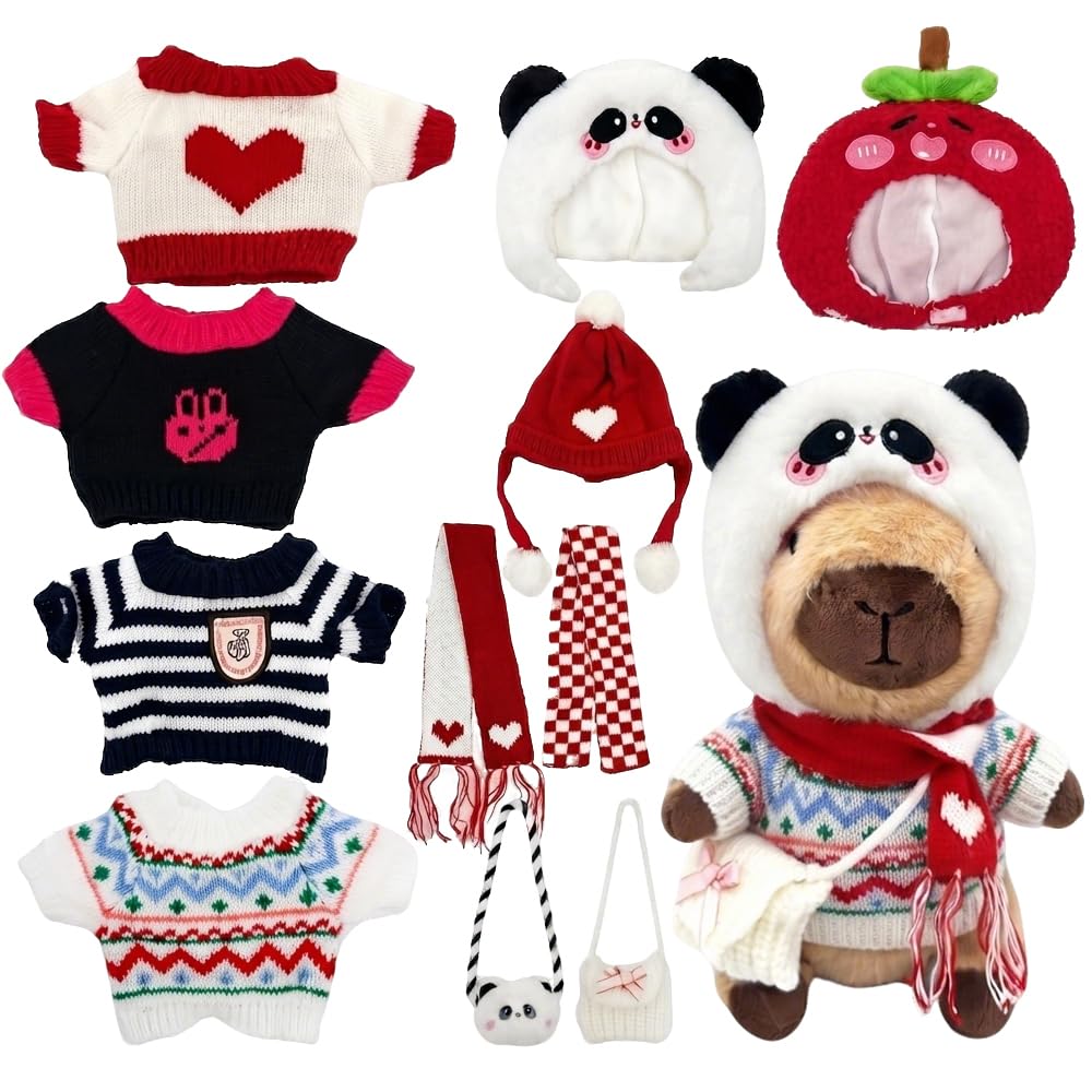 12Pcs Capybara Plush Toy, Capybara Stuffed Animal with 11 Clothes and Accessories, Christmas Outfit Capybara Stuffed Animal, Cute Capybara Teddy for Birthday Christmas Toys Gifts Home Decoration, Red