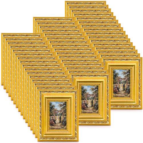 Image of 48 Pcs 2 x 3 Inch Small Gold Picture Frames Bulk Mini Vintage Antique Ornate Retro Baroque Photo Frames with Backboard for Wall Hanging Tabletop Home Decor Wedding Christmas Display