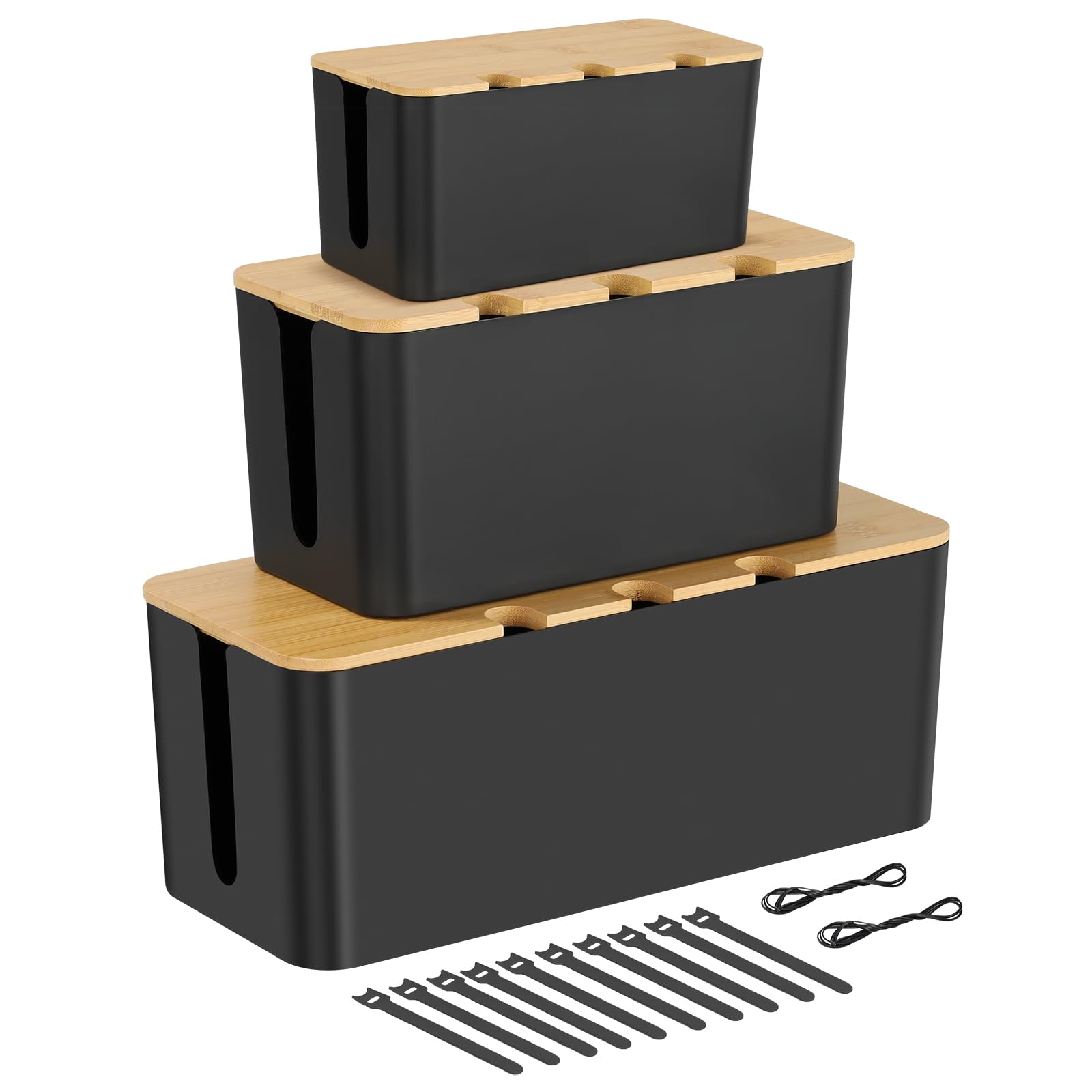 CRROEL Cable Tidy Box,3 Cables management box with Bamboo Lid, Cables Organised Box for Hiding Messy Cables Wire Management Power Strips and Electrical Cords from TVs, Computers, and Desks- Black