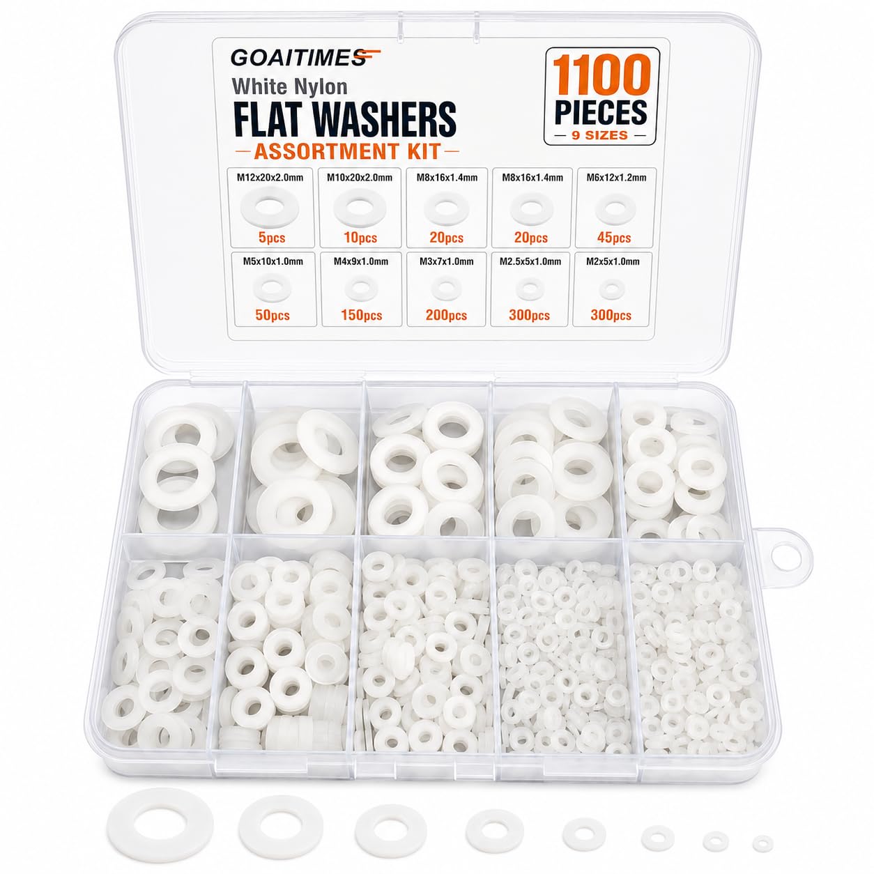 1100-Pc Flat Nylon Washers, M2/M2.5/M3/M4/M5/M6/M8/M10/M12, White