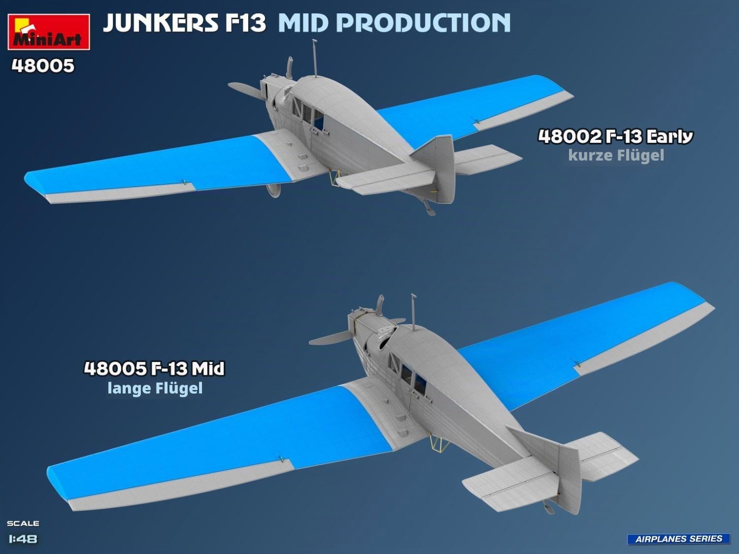 MiniArt 48005 1:48 Junkers F13 Zivil Mit. Prod. - originalgetreue Nachbildung, Modellbau, Plastik Bausatz, Basteln, Hobby, Kleben, Modellbausatz, Zusammenbauen, unlackiert