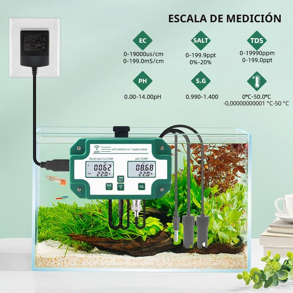 Probador de calidad del agua 6 en 1 WiFi Multiparámetro Monitor de calidad del agua PH digital/Sólidos disueltos totales/EC/S.G/Sal/Medidor de temperatura para Acuario