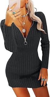 Ebifin Women's Knitted Dress, Elegant Jumper Dress, V-Neck Knitted Jumper, Sexy Bodycon Winter Dress, Mini Dress with Zip