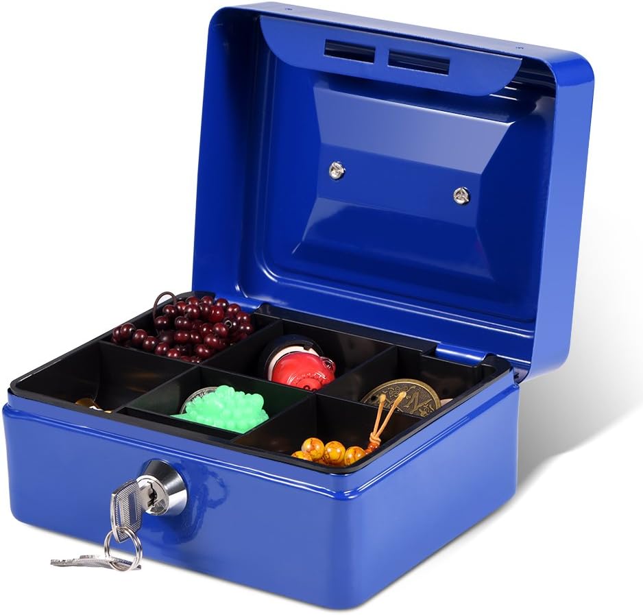 Mini Cash Box with Key Lock,6Inch Portable Petty Layered Partition Banknote Classification Lockable Money Security Tin Box with 2 Keys for Household Office Shop(Blue)