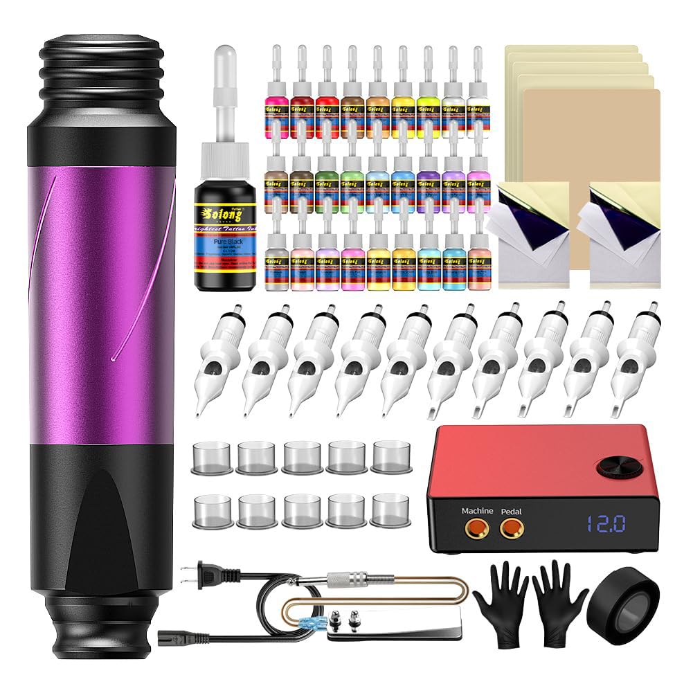 Solong Tattoo-Set Exclusivo Máquina Híbrida Innovadora, Agujas Certificadas por la CE, Tintas Variadas y Accesorios Completos - Incluye Garantía Tatuajes Temporales