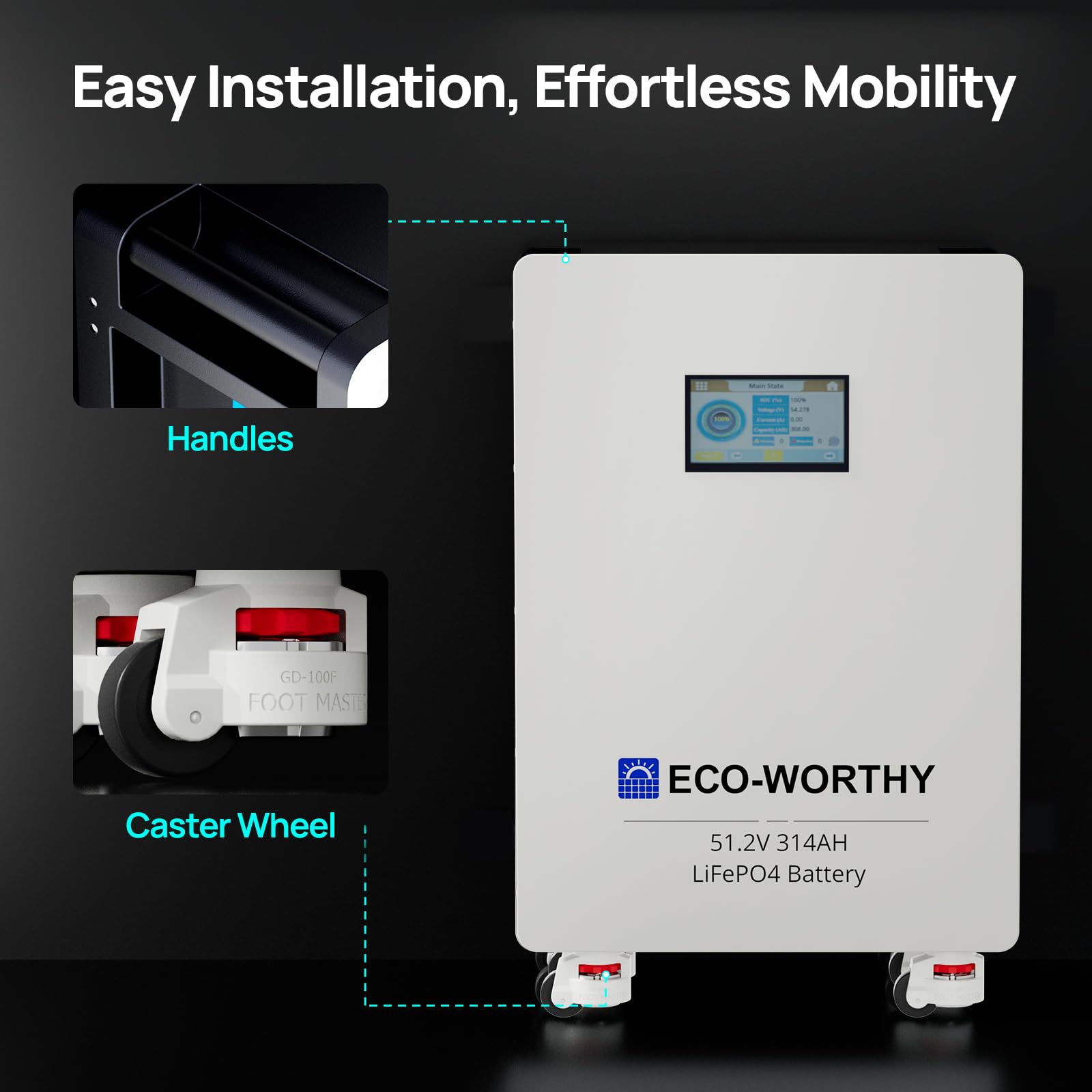 ECO-WORTHY LiFePO4 akumulator LiFePO4 48 V 314 Ah, akumulator 32,2 kWh i wyłączniki mocy 200 A PACE BMS RS485/CAN/RS232 z Bluetooth WLAN do zasilania awaryjnego w domu, niezależne od sieci solarne
