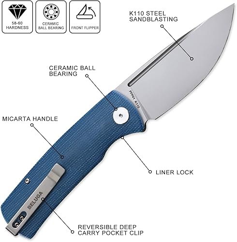 Miniatura 2 de Petrified Fish PFP01 k110 - Cuchillo plegable de acero con mango de micarta, aleta frontal, para exteriores, campamento, supervivencia, caza, EDC