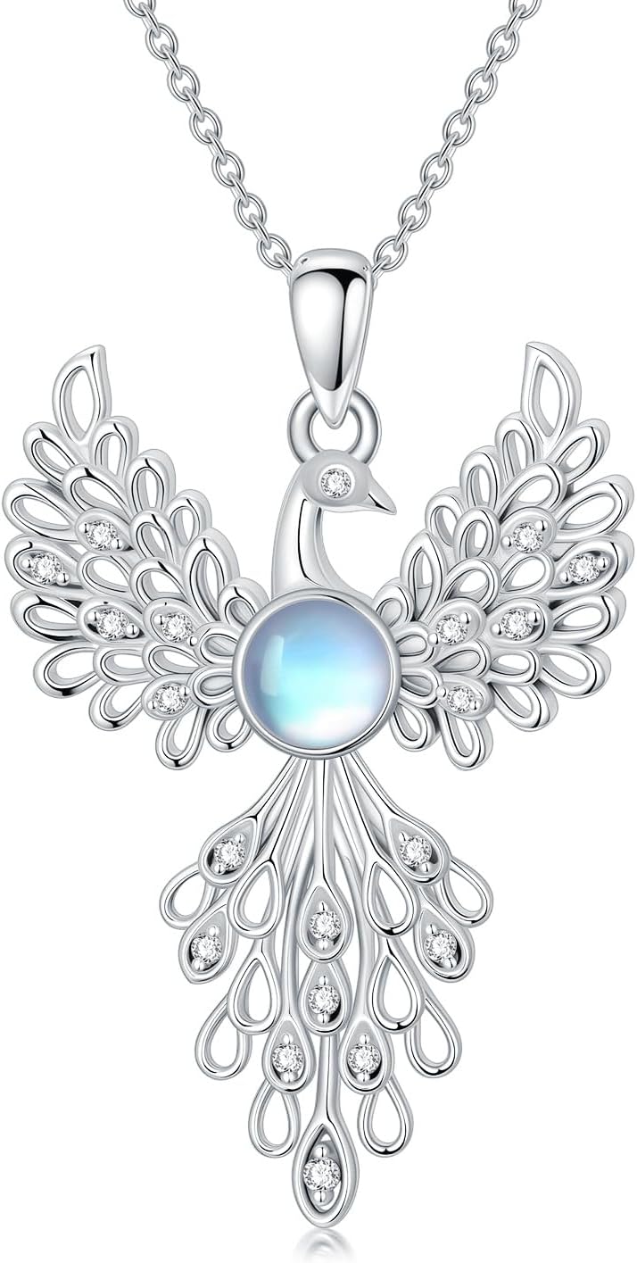 Animals Moonstone Pendant Necklaces, 925 Sterling Silver Owl/Dragon/Hummingbird/Phoenix/Butterfly Necklace for Women, Moonstone Jewelry Gift for Mother Wife Lover, Birthday Christmas Anniversary