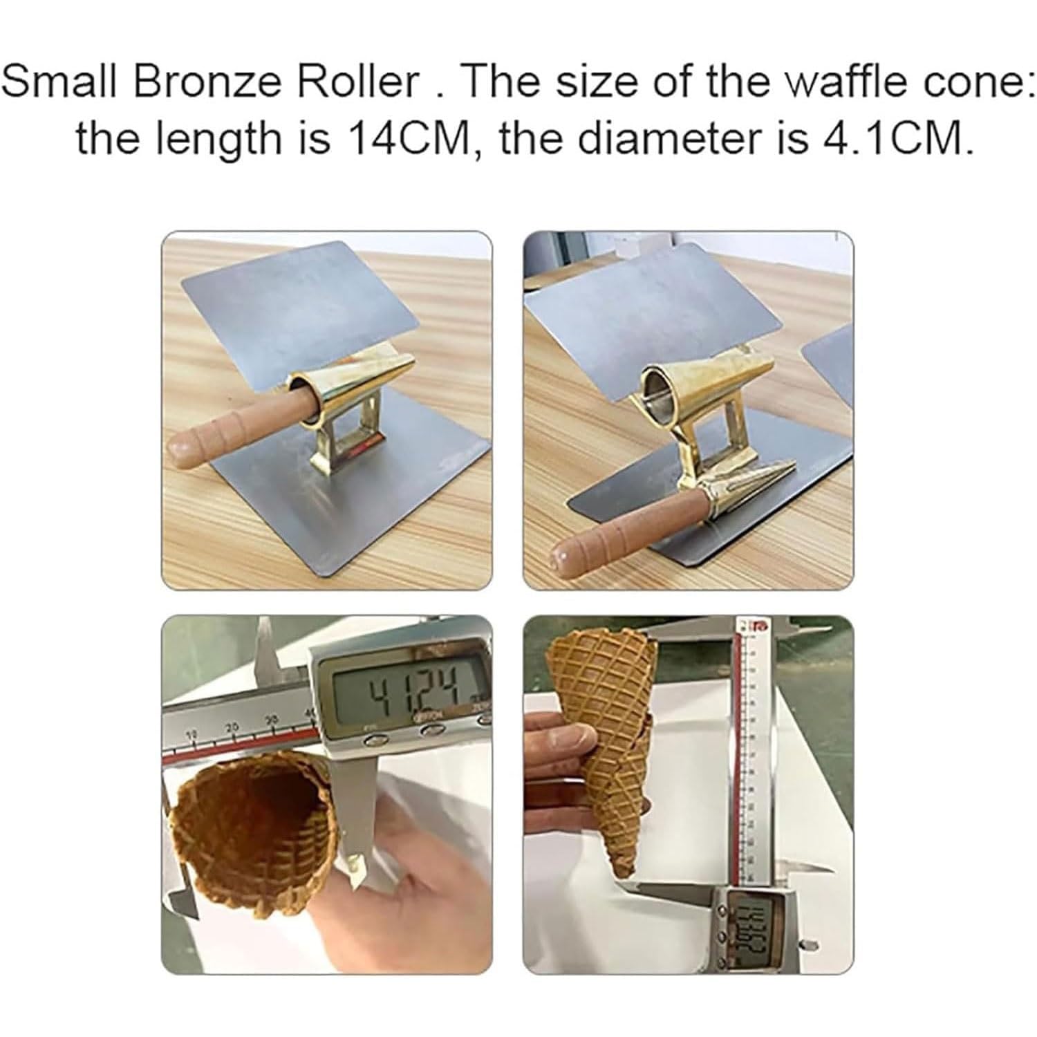 Stampo per coni per waffle, manico in legno antiscivolo, stampo in rame per coni gelato, rotoli di uova, ideale per ristoranti, panetterie e uso familiare, lunghezza 14 cm