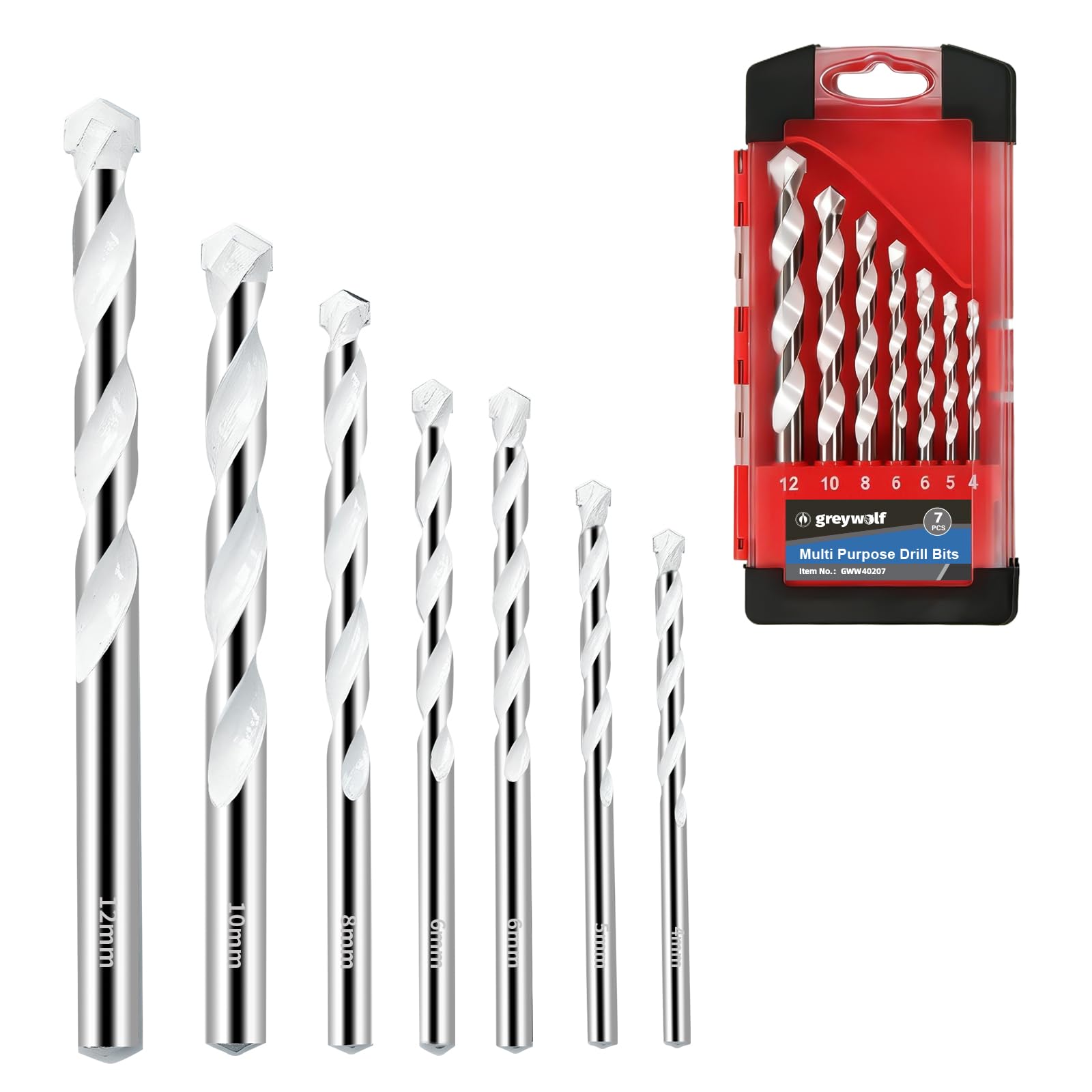 Greywolf Set di punte per calcestruzzo, punte esagonali resistenti agli urti, punte in metallo duro industriali per vetro/mattoni/plastica/cemento/piastrelle (4/5/6/6/8/10/12 mm), 7 pezzi