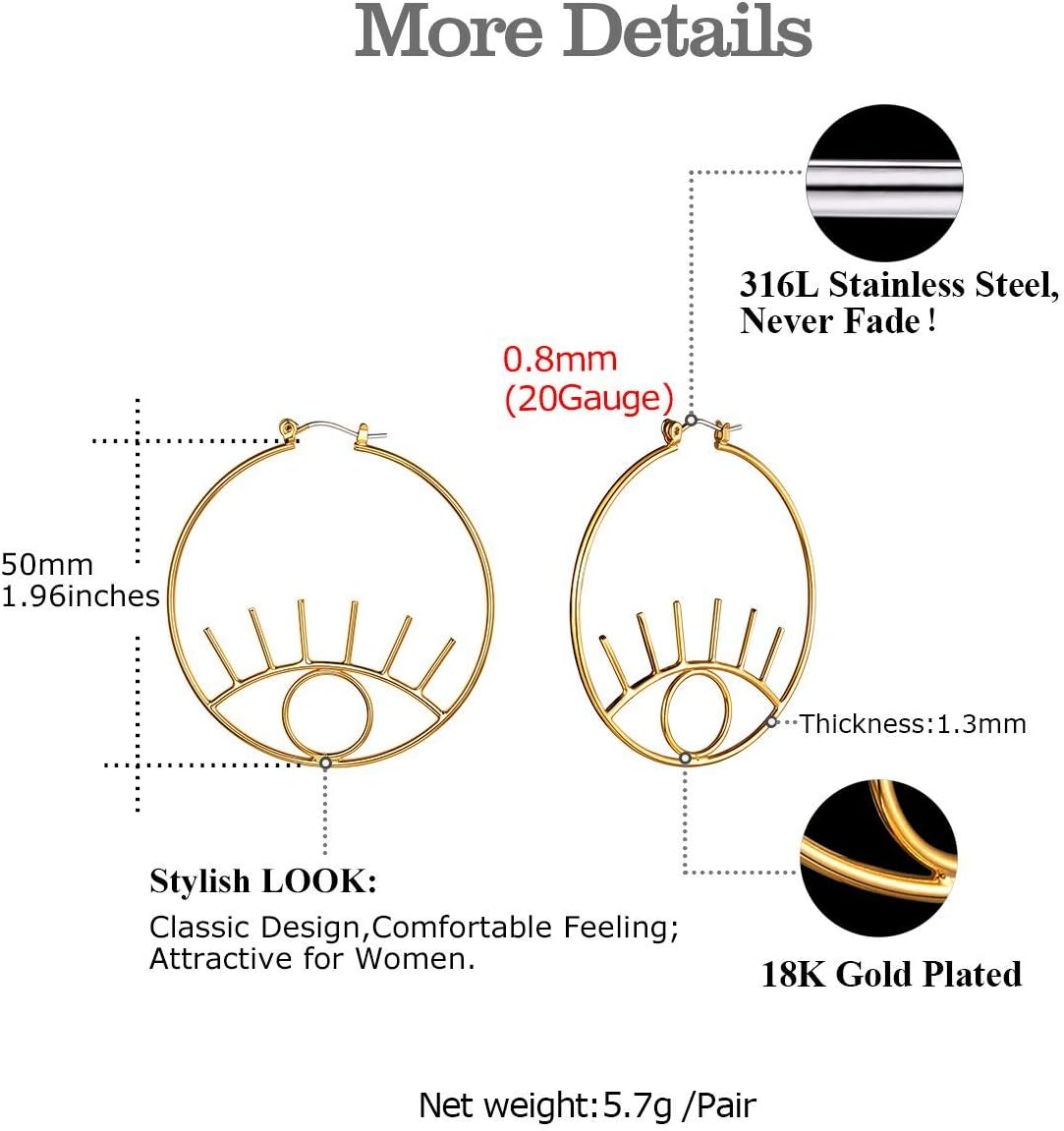 FOCALOOK Gold Eye Earrings for Women 14K Gold Plated Dangle Abstract Evil Eye Hoop Earrings - Image 5
