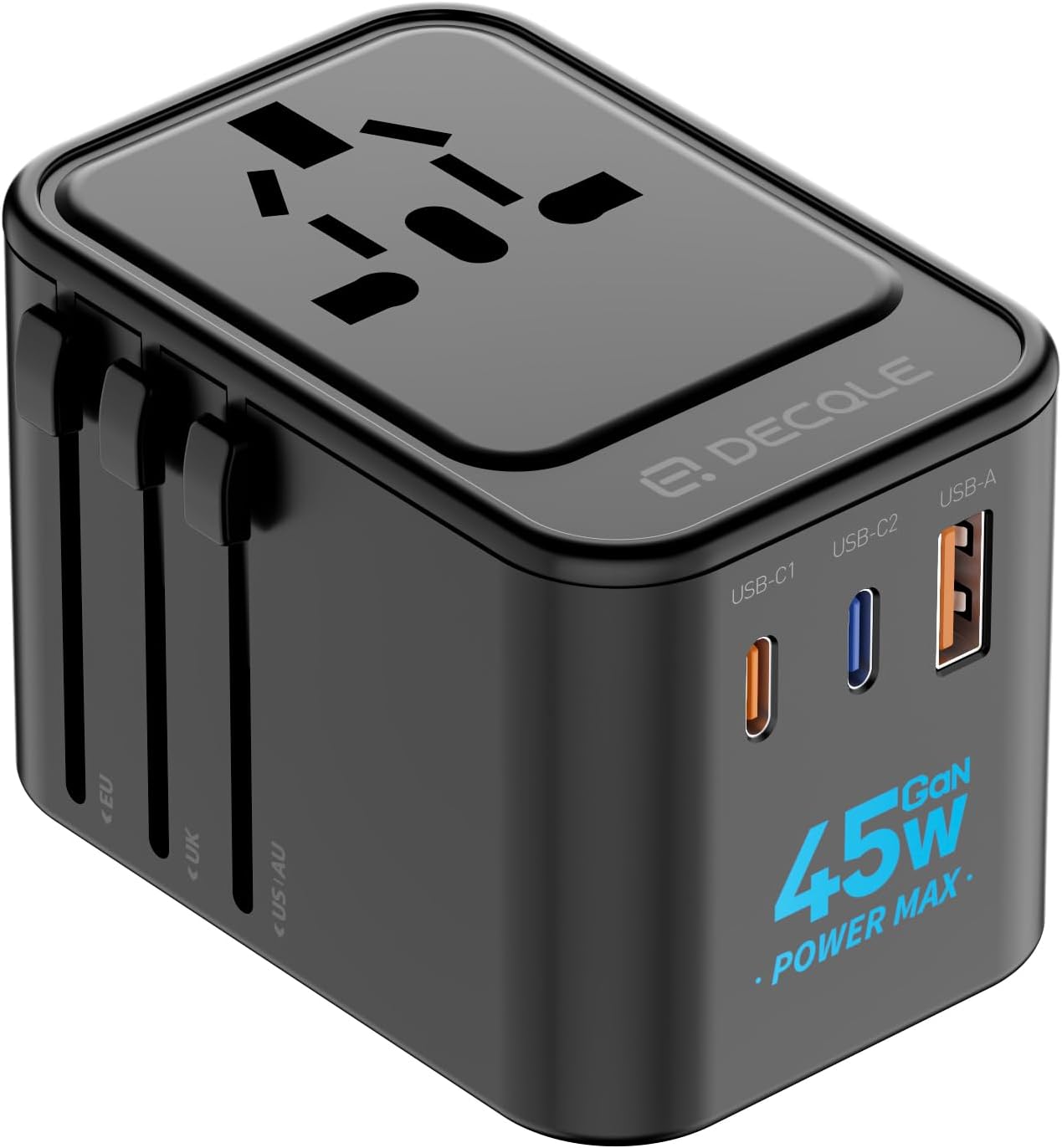 Universal Travel Adapter, International Travel Plug Adapter with 2 USB-C(GaN 45W) & 1 USB-A Ports, All in One Portable for USA, UK, EU, AU & 224+ Countries (Black) UK