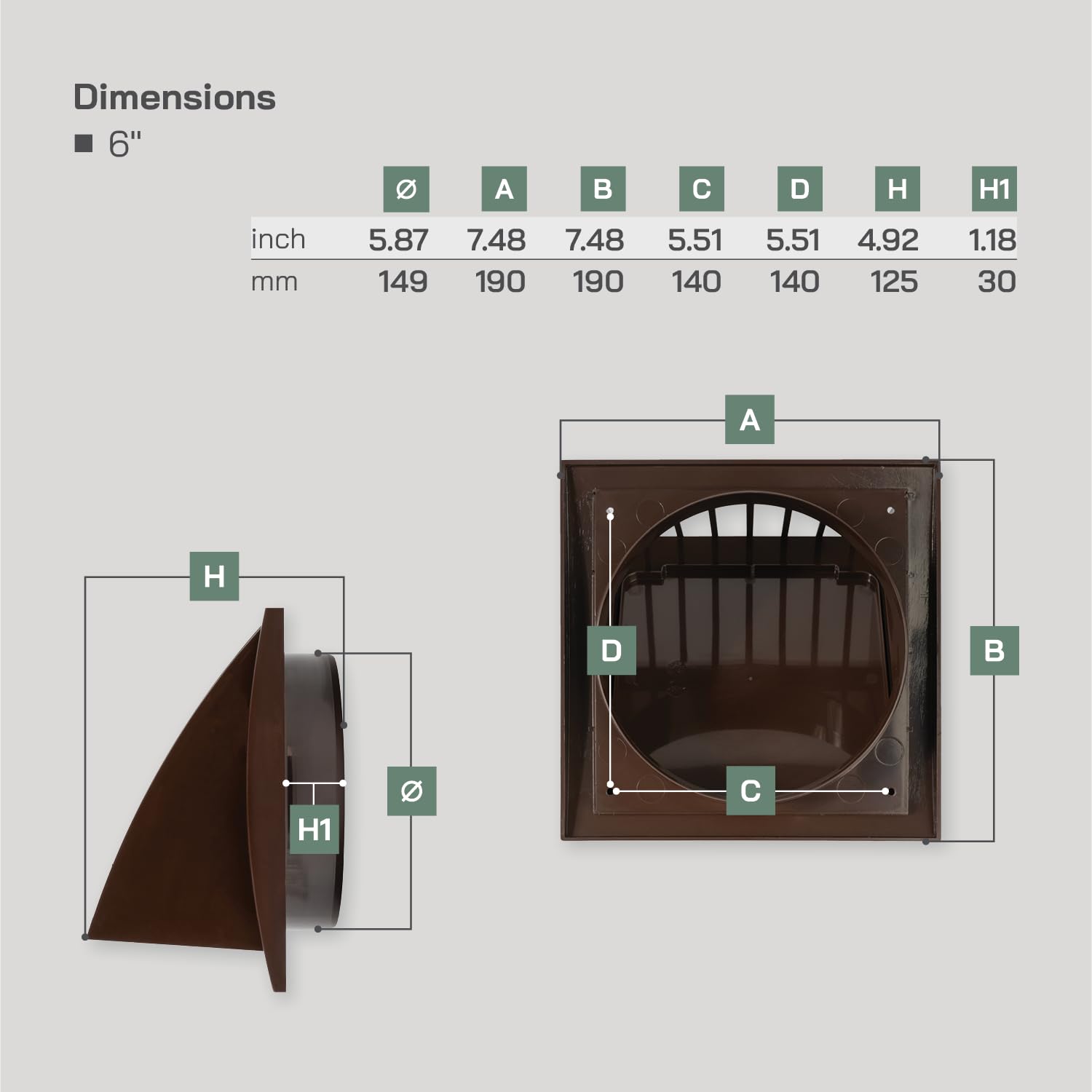 Vent Systems Marrón Ø150mm Cubierta de escape grande - Campana de secado - Campana de ventilador - Campana de ventilación - Válvula de retención - Rejilla de ventilación de campana de salida