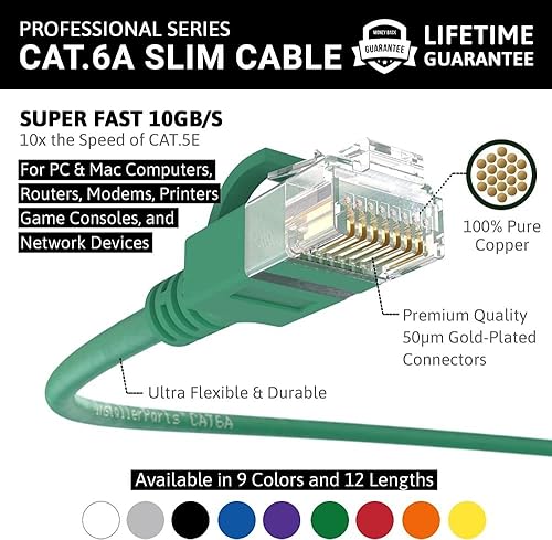 Miniatura 2 de InstallerParts Cable Ethernet CAT6A Slim Cable UTP con arranque de 0.5 pies, verde, serie profesional, red de 10 GigabitSec, cable de Internet de