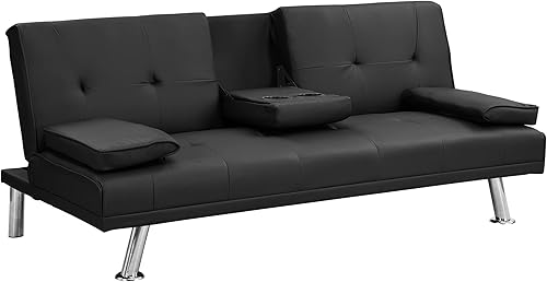 LAVHOME Sofá cama futón para sala de estar convertible plegable reclinable ajustable con 2 portavasos y reposabrazos, color negro