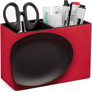 Rectangle Pen Holder Red Black Plate Desk Organizer Pencil Cup | PU Leather Desktop Caddy Container Case with 2 Slots, Stationery Pens Remotes Makeup Brushes Essentials Home Office Supply