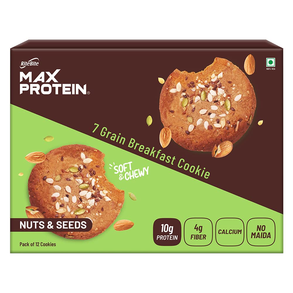 RiteBite Max Protein 7 Grain Breakfast Cookies - Nuts & Seeds 660 g - Pack of 12 ( 55g x 12 ) Protein | Fiber | Calcium | No Maida | GMO Free | No Preservatives | Oats | Ragi | Quinoa | On the go Snack | Soft & Chewy