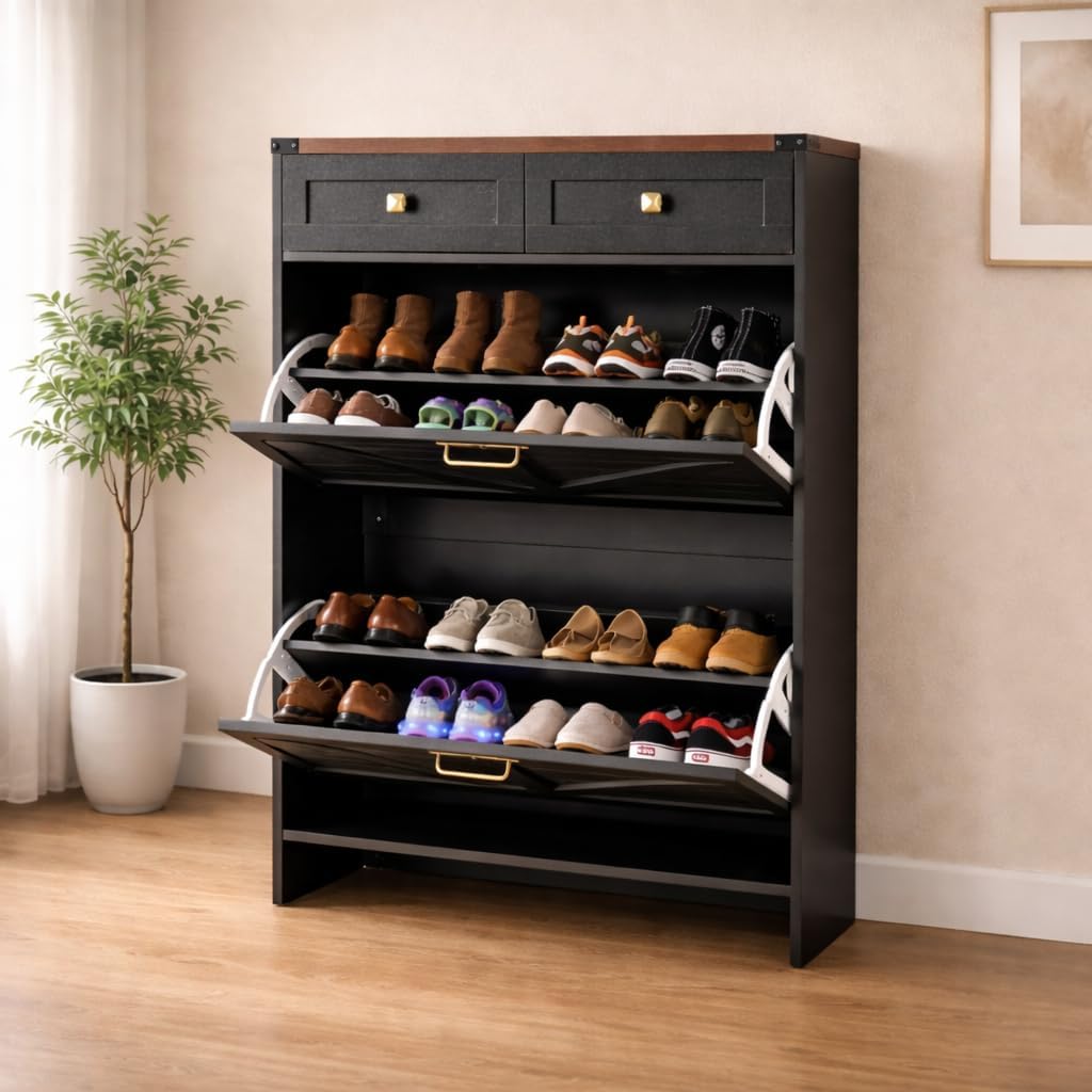 Naomi Home Berenice 32.68" Farmhouse Shoe Cabinet for Entryway with 2 Flip Drawers and 2 Storage Drawers - Slim Narrow Shoe Storage Cabinet, Black Shoe Organizer Cabinet