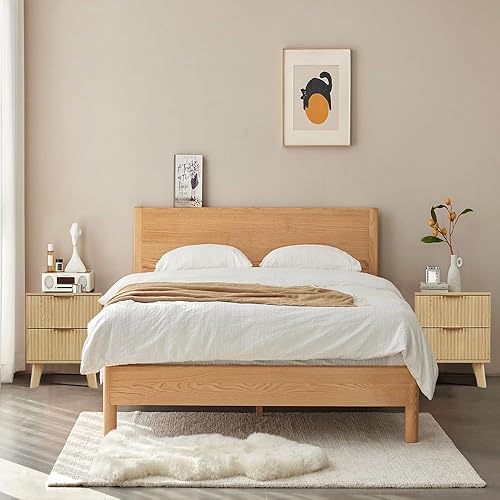 Miniatura 6 de Juego de 2 mesitas de noche con cajones, moderna mesa auxiliar de cama grande a rayas con 2 cajones, mesita de noche moderna de mediados de siglo