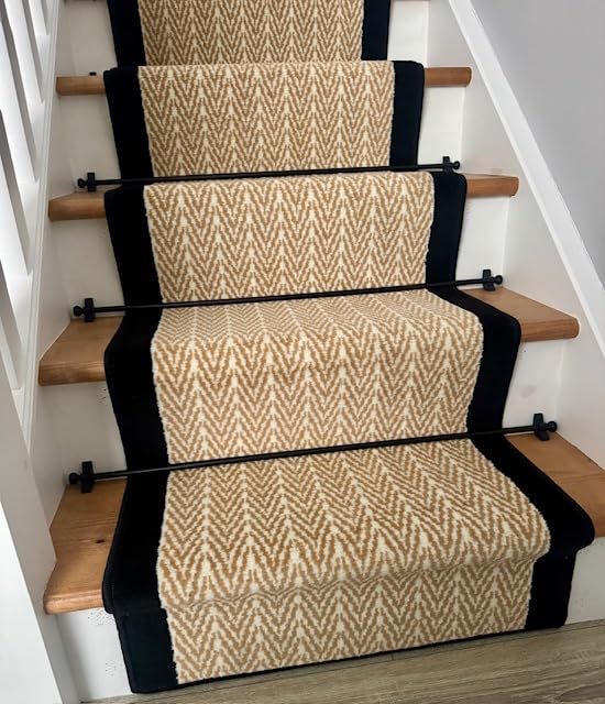 Luna Beige Black Border Herringbone Cut to Size Long Narrow Hallway Stair Stairway Carpets Runner Rugs