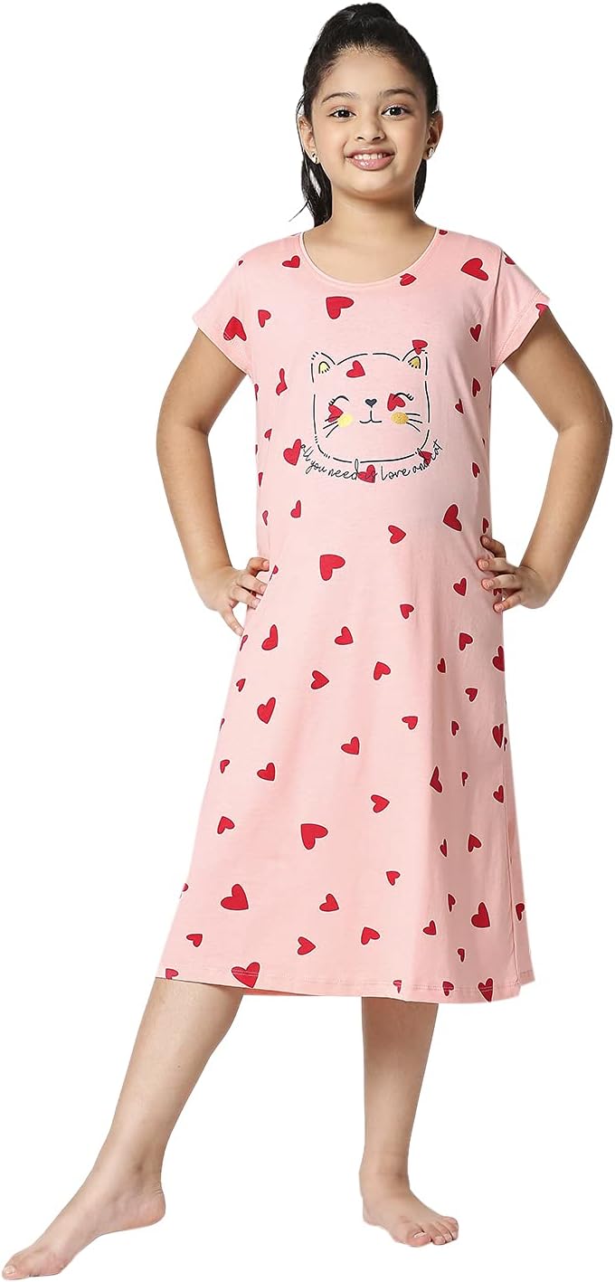 ZEYOGirl's Cotton Printed Stylish Knee Length Nightdress Set 5523