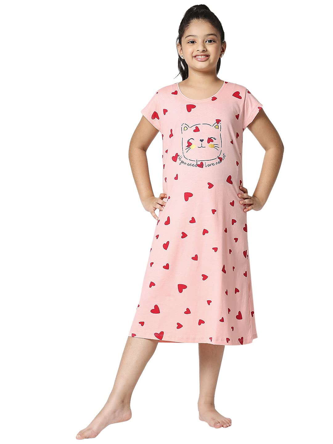 ZEYOGirl's Cotton Printed Stylish Knee Length Nightdress Set 5523