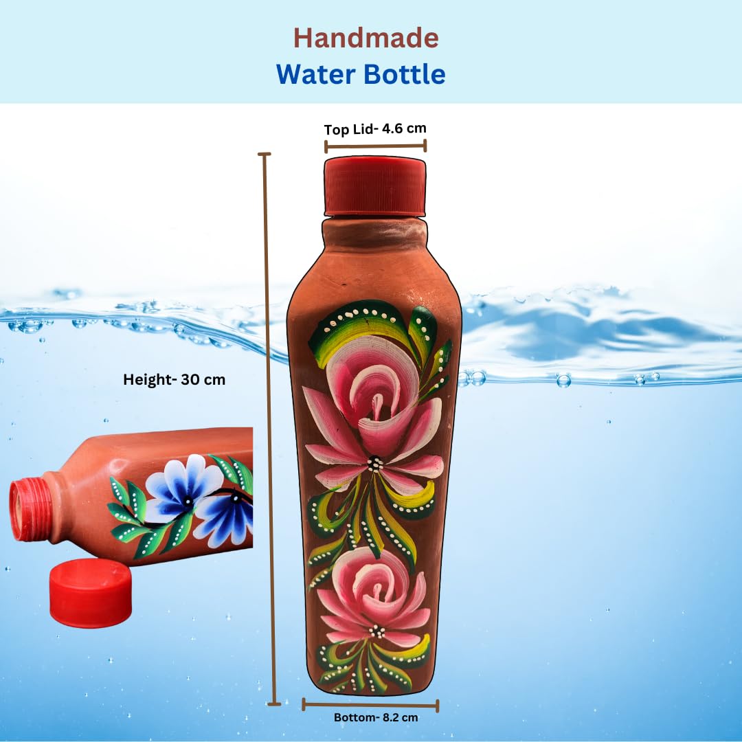 Botella de agua de arcilla roja con tapa, terracota hecha a mano, a prueba de fugas y naturalmente refrescante, botella ecológica con estampado de flores para agua potable (1000 ml