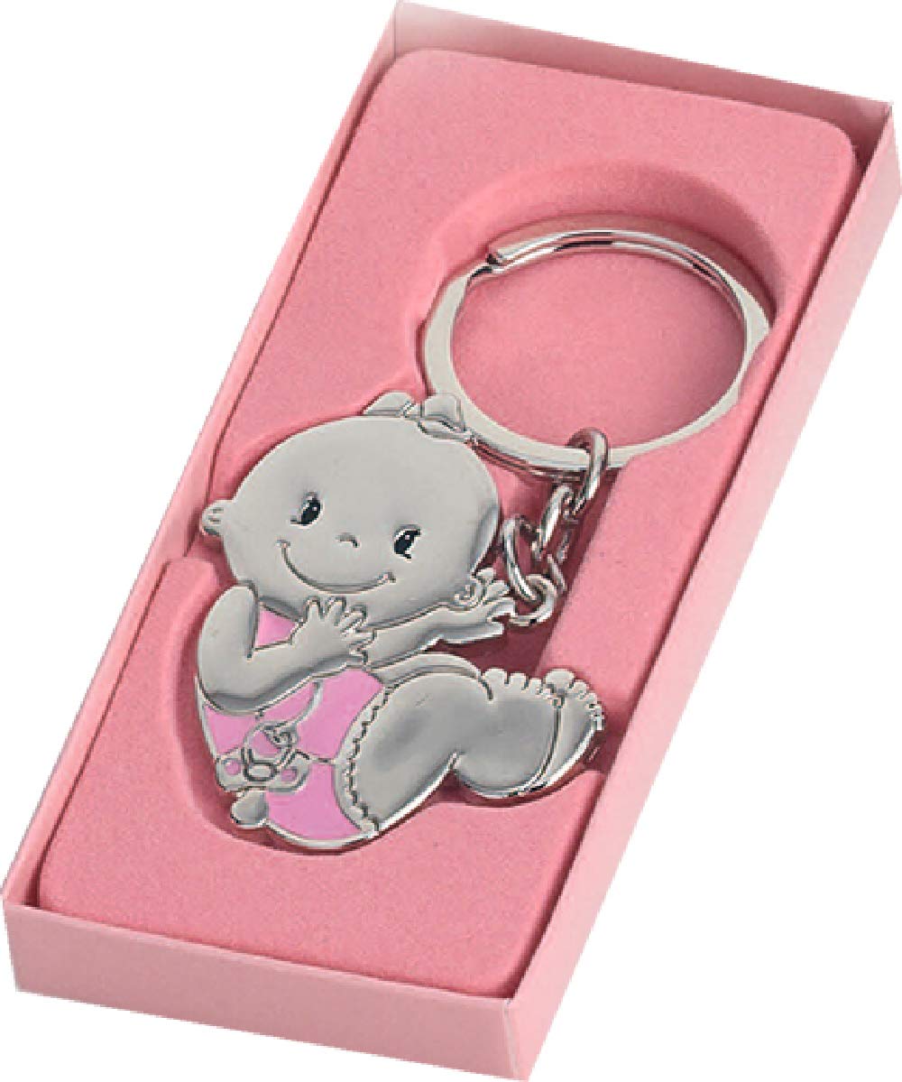 Set mit 15 Schlüsselanhängern, Mädchen, mit Schnuller, Gravur mit Namen und Datum, mit Box und rosa Schleife, Gastgeschenk zur Taufe
