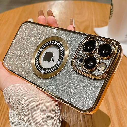 Image of Misscase for iPhone 15 Pro Magnetic Glitter Case Compatible with MagSafe,Full Protection Slim Shockproof Anti-Scratch Case with Camera Lens Protector Logo View Dust-Proof Net for Women 6.1 Inch Gold