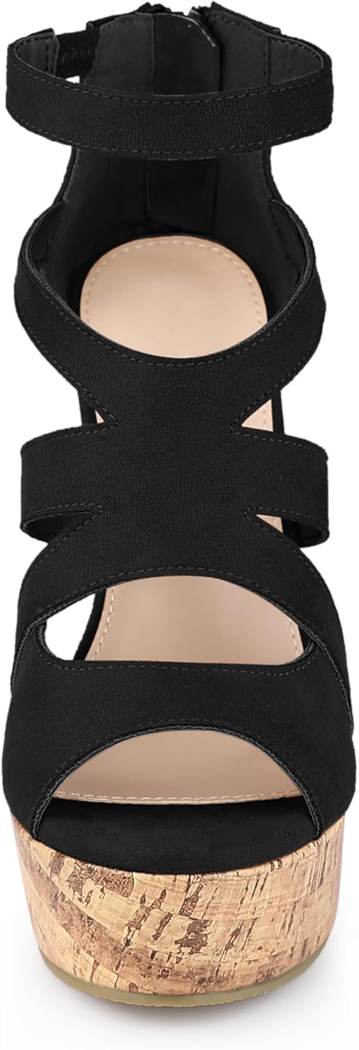 Allegra K Women's Platform Peep Toe Cutout Caged Cork Wedge Heel Sandals - Image 3