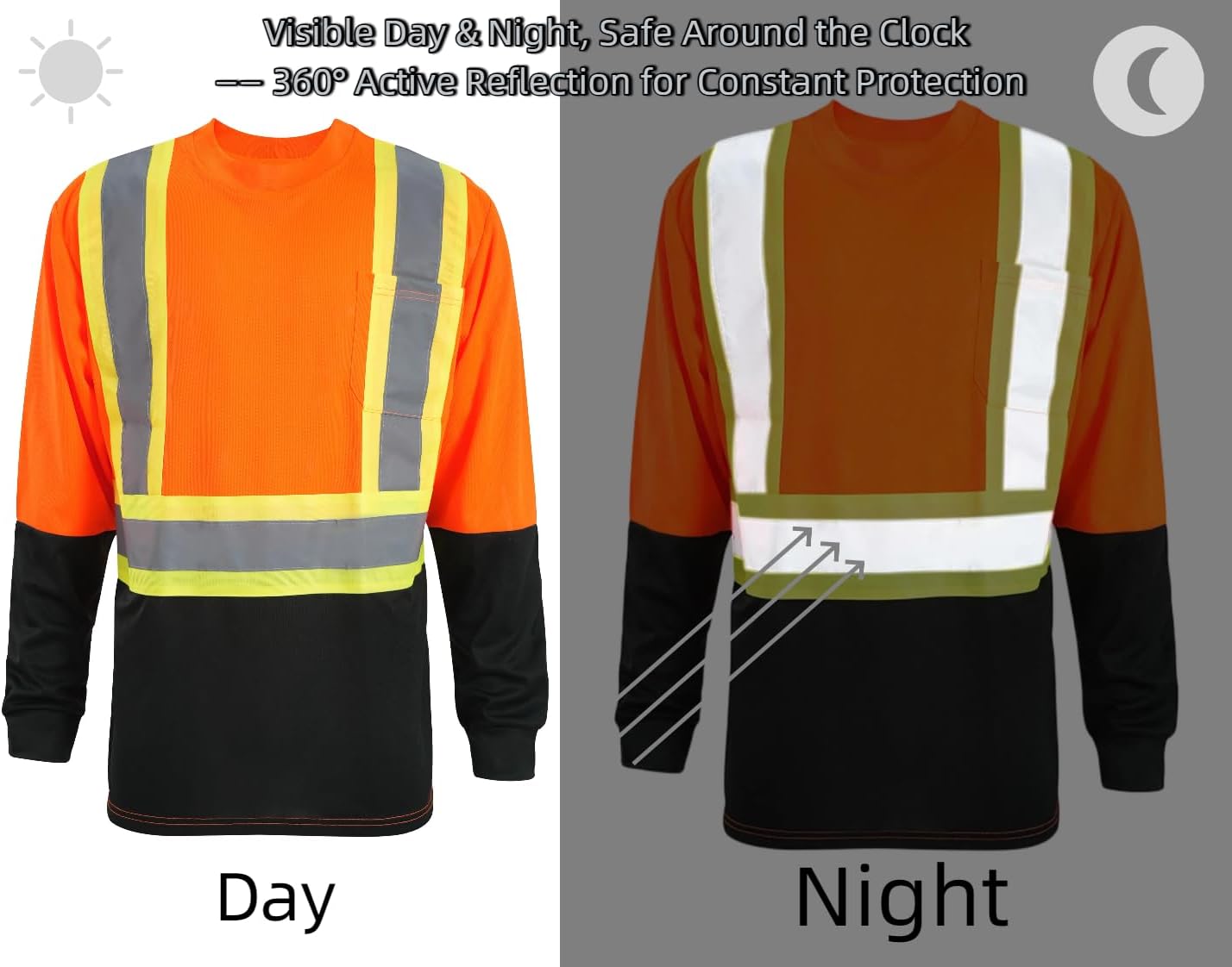 LeeHanTon High Vis Reflective Safety T-Shirt Long Sleeve Work Shirt with Pockets Construction Security Shirt for Outdoor Work